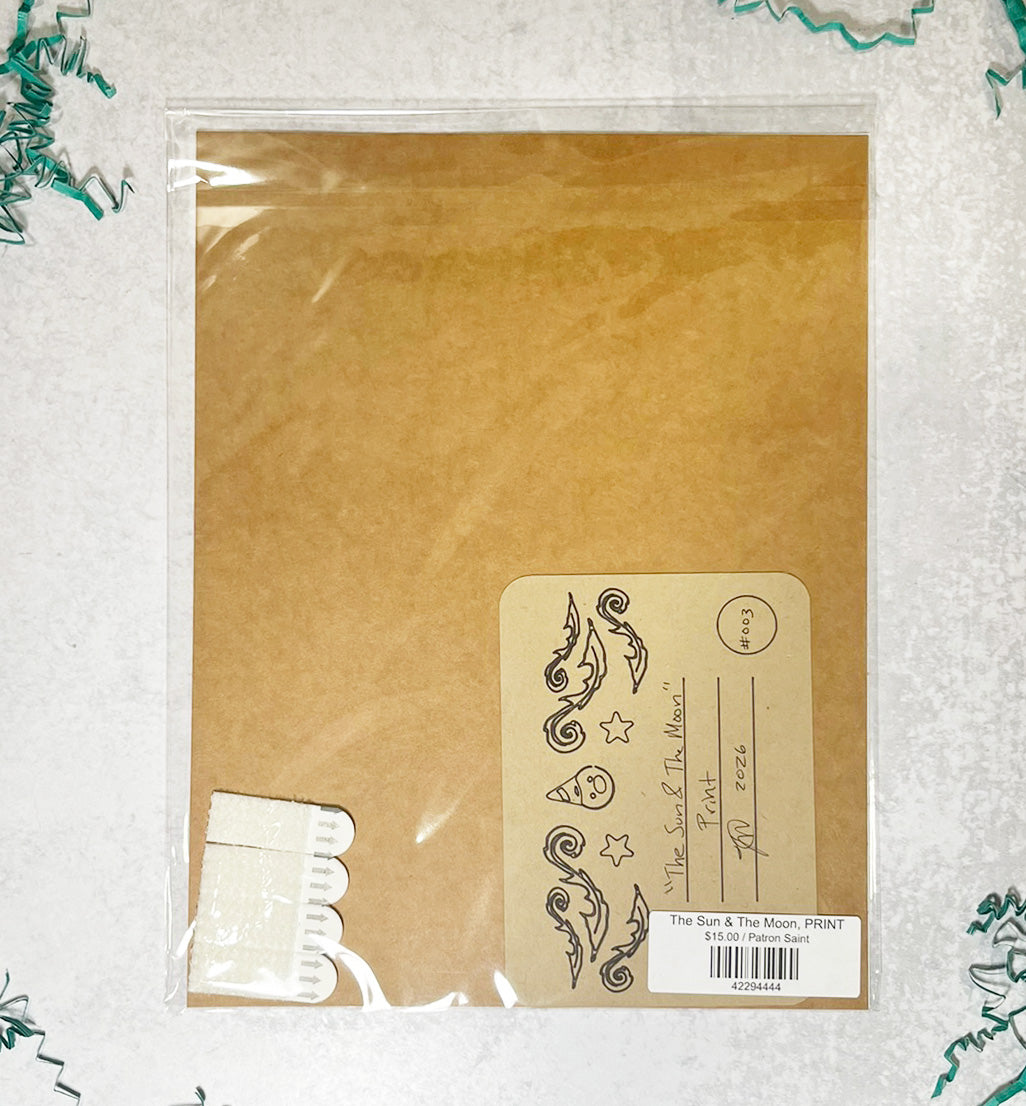 Back side of a packaged printed copy of The Sun & The Moon Painting