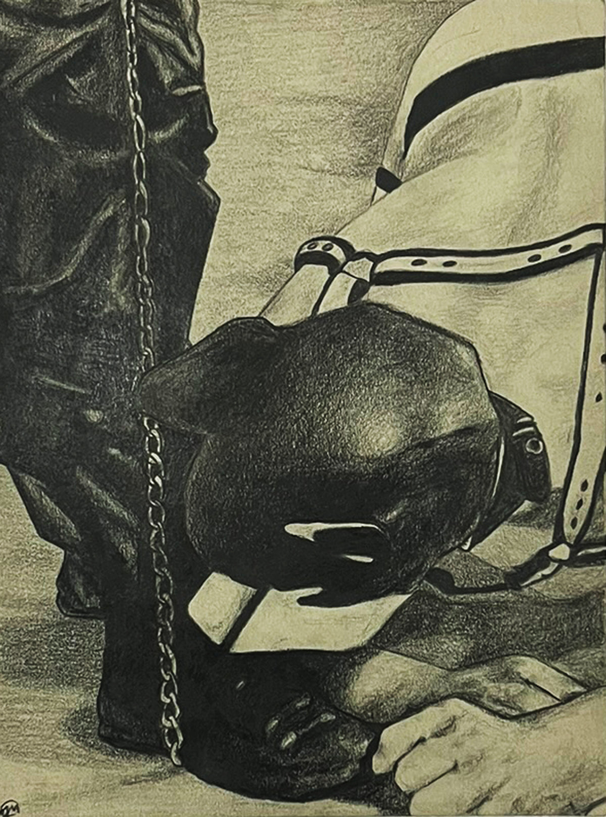 Man in a pup hood kneeling down as his leash is pulled
