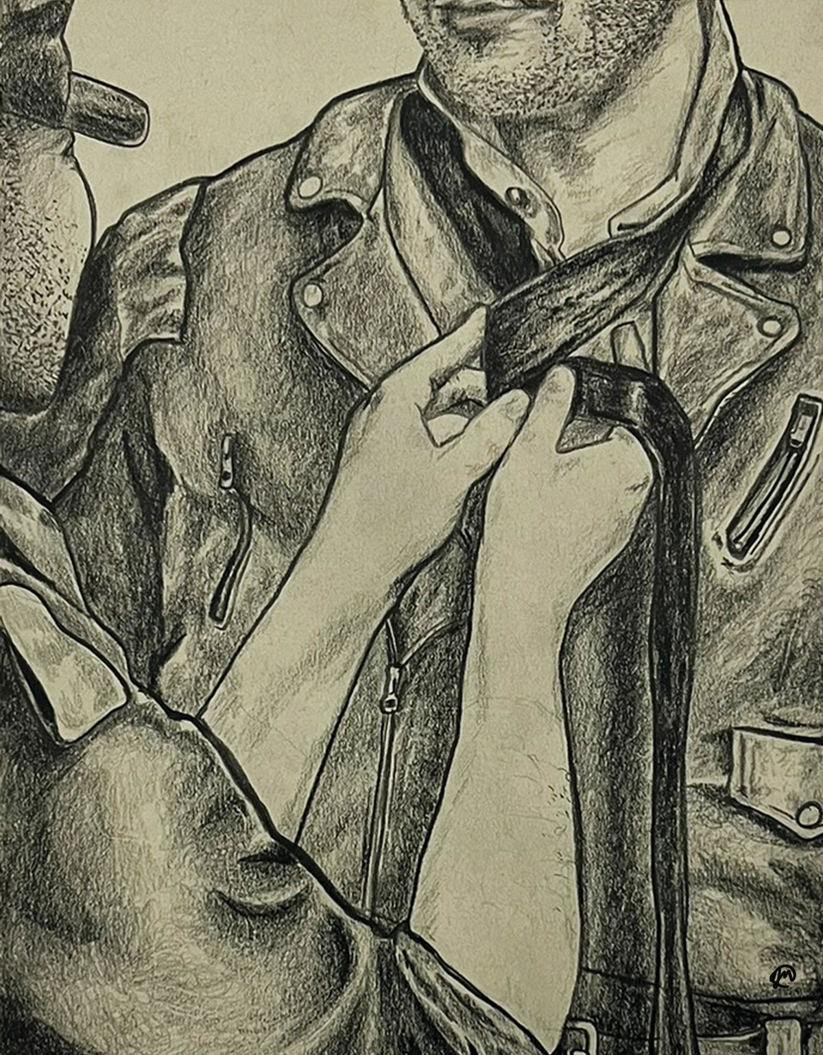 A man helps his partner put on a leather tie