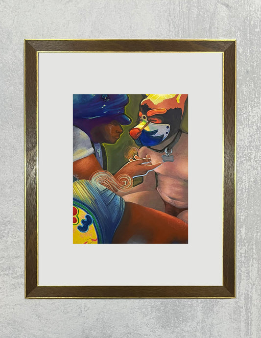 Framed Artwork depicting two queer people engaging in fetish play.